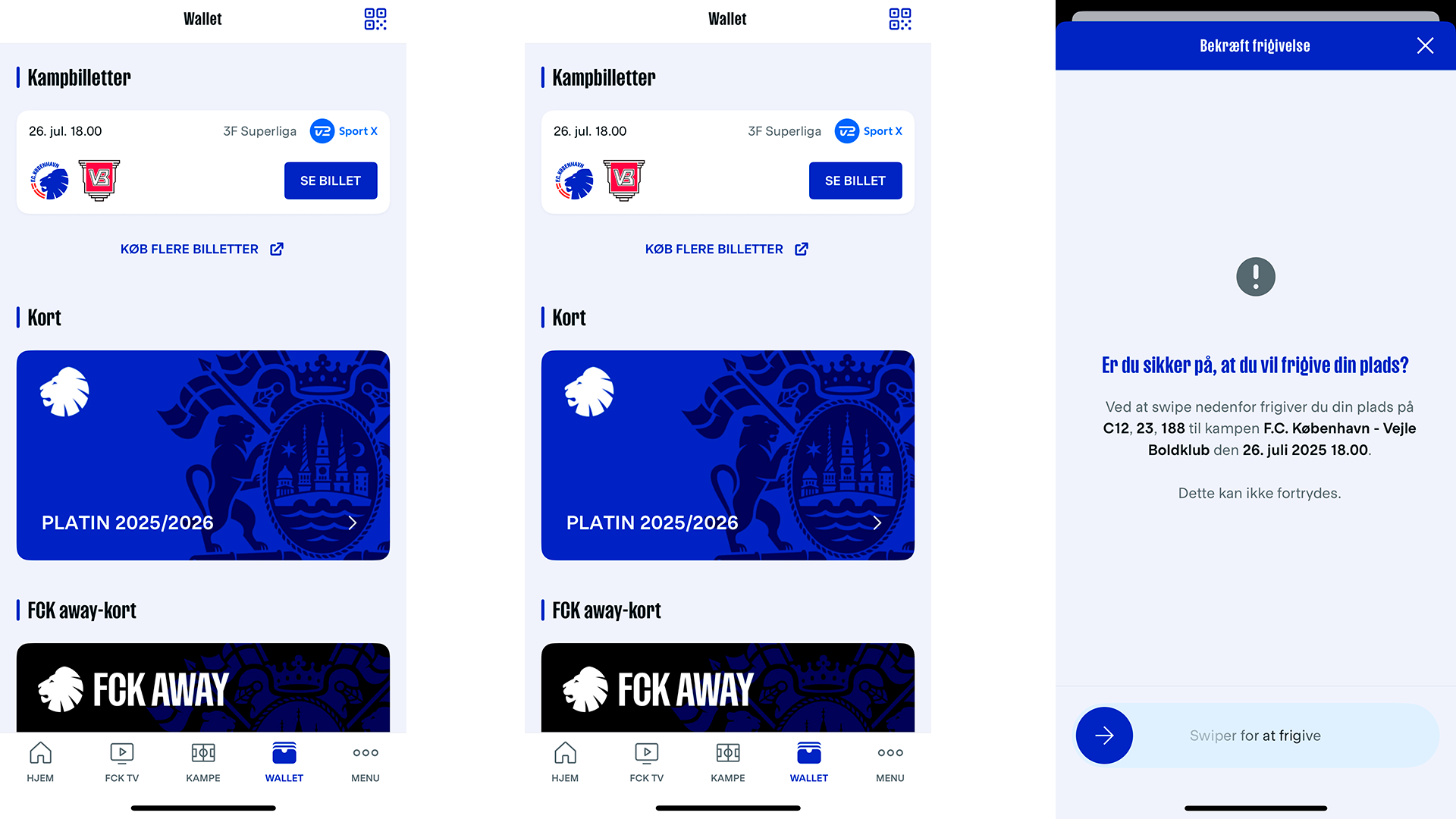 Frigivelse af billet i F.C. Københavns app