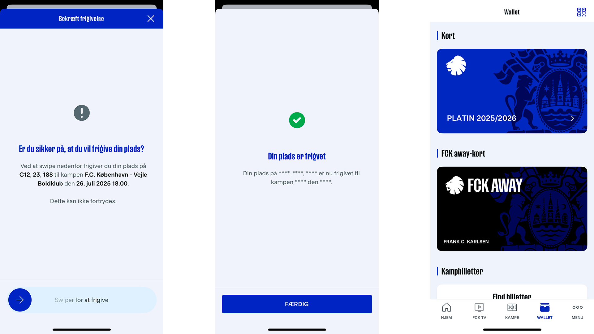 Frigivelse af billet i F.C. Københavns app