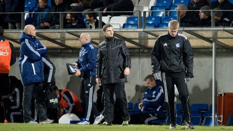 Ståle Solbakken, Brian Riemer, fjerdedommer Anders Poulsen og Lyngby-træner Johan Lange